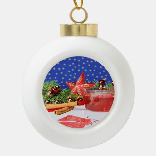 Christmas tree with picture and bell motif ceramic ball christmas ornament