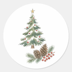 Christmas Tree with Pinecones and Red Berries Wate Classic Round Sticker