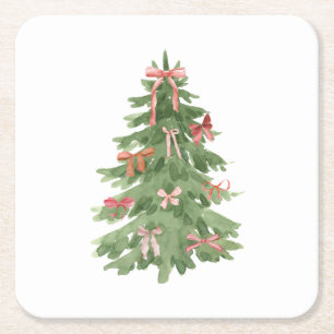 Christmas Tree with Pink Bows Holiday Party Square Paper Coaster