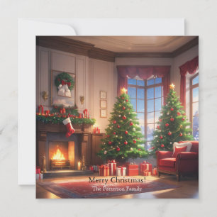 Christmas tree with presents and a fireplace holiday card