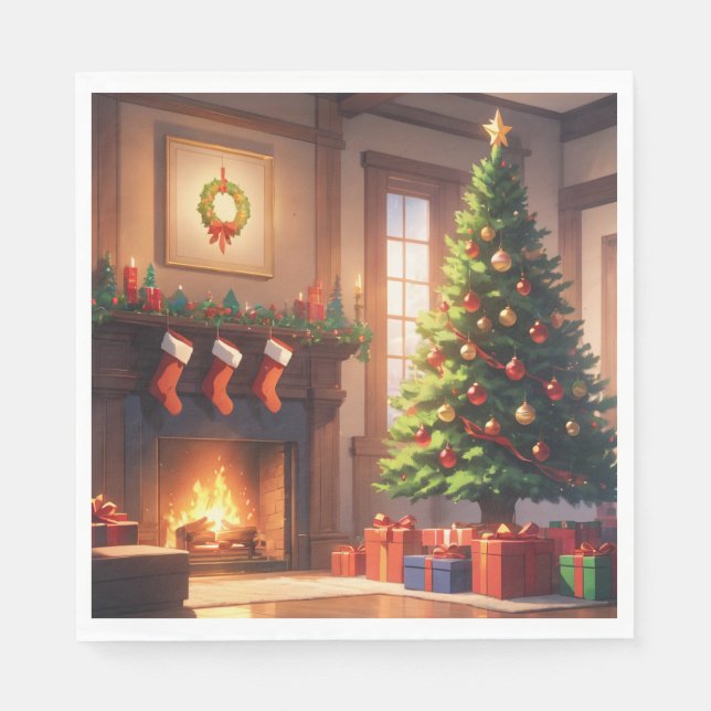Christmas tree with presents and a fireplace napkins (Front)