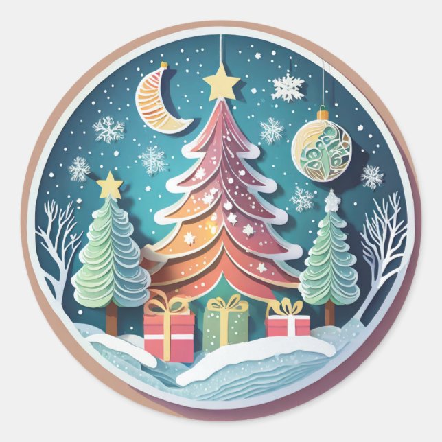 Christmas Tree with Presents Classic Round Sticker (Front)