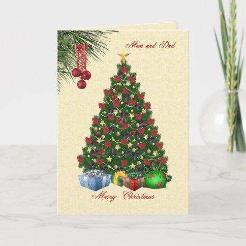 Christmas tree with presents for Mom and Dad card