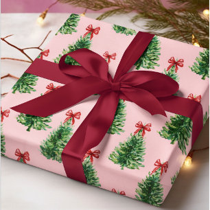 Christmas Tree with Red Bow Pink Wrapping Paper