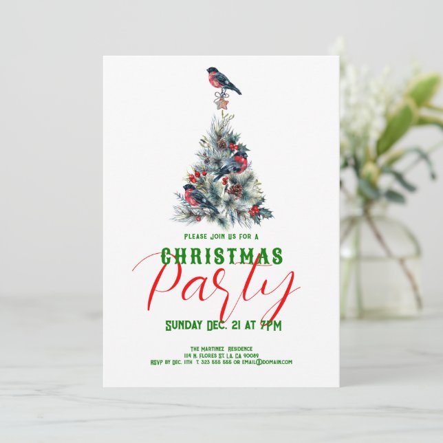 Christmas Tree with red Bullfinch Party Invite (Standing Front)