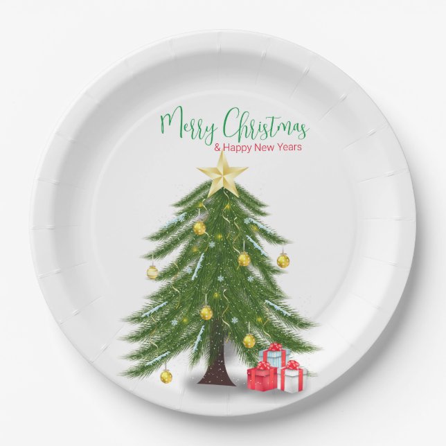 Christmas tree with Red present Paper Plate (Front)