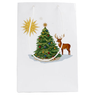Christmas Tree with Reindeer Gifts and Golden Star Medium Gift Bag