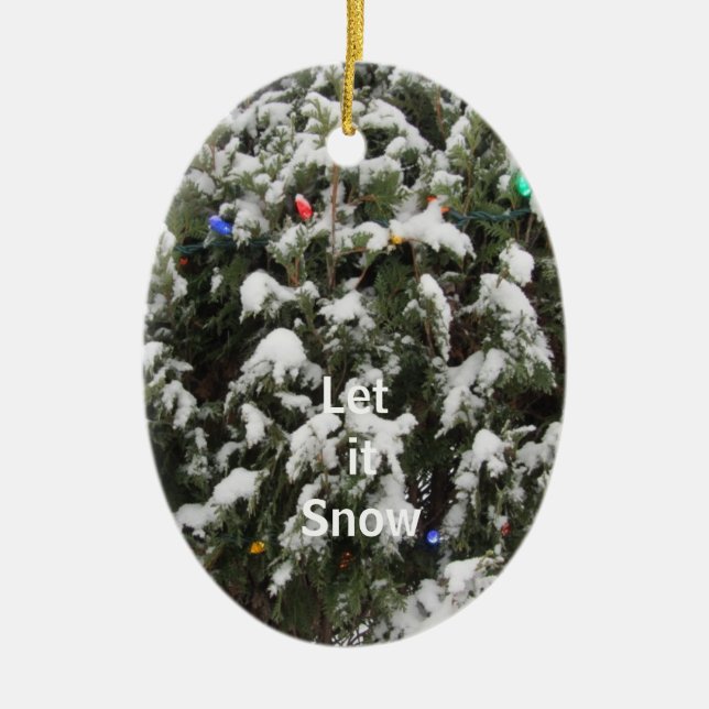 Christmas Tree with Snow and Lights Ceramic Ornament (Front)