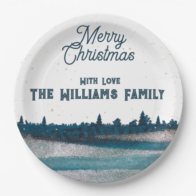 Christmas Tree with Snow Merry Christmas Paper Plates (Front)