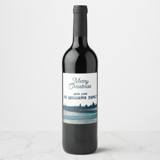 Christmas Tree with Snow Merry Christmas  Wine Label (Front)