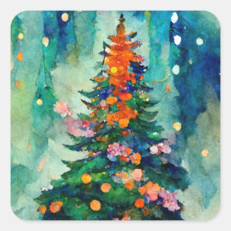 Christmas Tree with sparkly lights w/ snowy trees Square Sticker