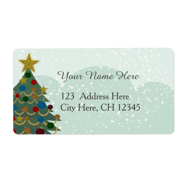 Christmas tree with star, bulbs and snow label (Front)