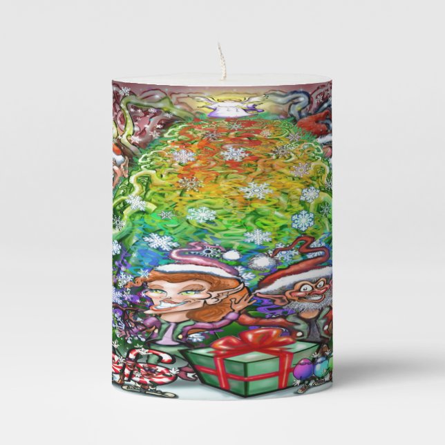 Christmas Tree with Trimmings Pillar Candle (Front)