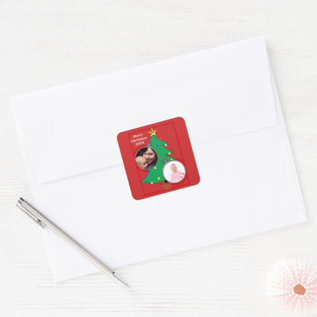 Christmas Tree with Your Photos Square Sticker (Envelope)