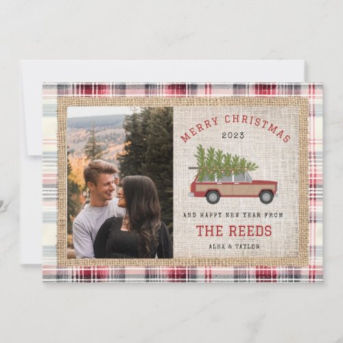 Christmas Tree Wood Wagon Car Photo Tartan Plaid Holiday Card