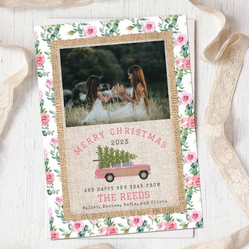 Christmas Tree Wood Wagon SUV Photo Floral Holiday Card