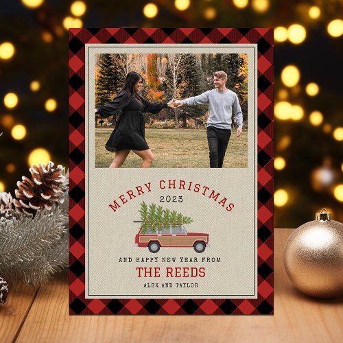 Christmas Tree Wood Wagon SUV Photo Plaid Tweed Holiday Card
