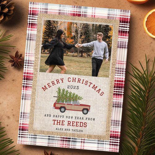 Christmas Tree Wood Wagon SUV Photo Tartan Plaid Holiday Card