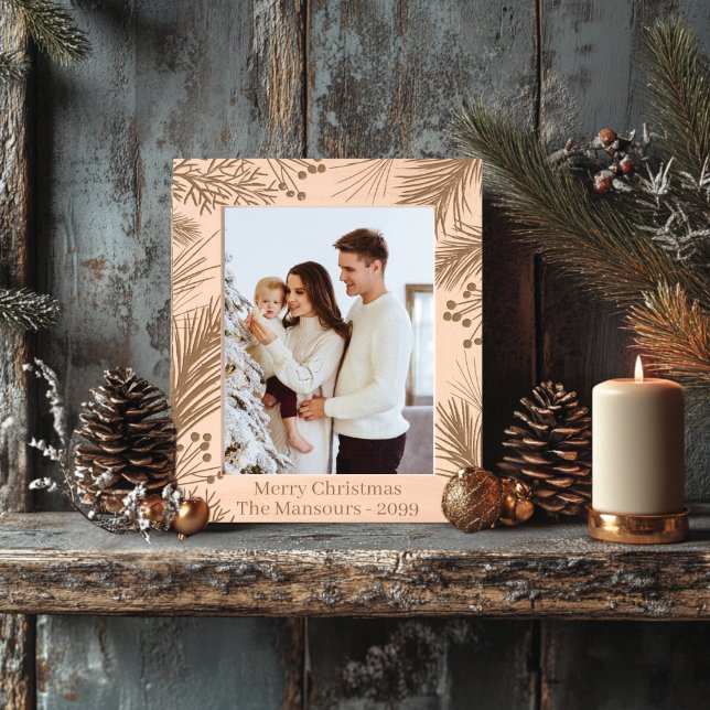 Christmas Tree Wooden  Engraved Frames (Personalizable Christmas Pine and Holly Wooden Etched Frame)