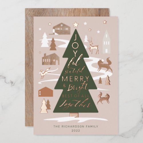 Christmas Tree Woodland Animals  Cozy Village Foil Holiday Card