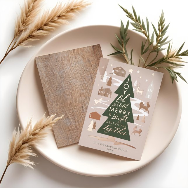 Christmas Tree Woodland Animals & Cozy Village Foil Holiday Card (Christmas Tree Woodland Animals & Cozy Village Foil Holiday Card)