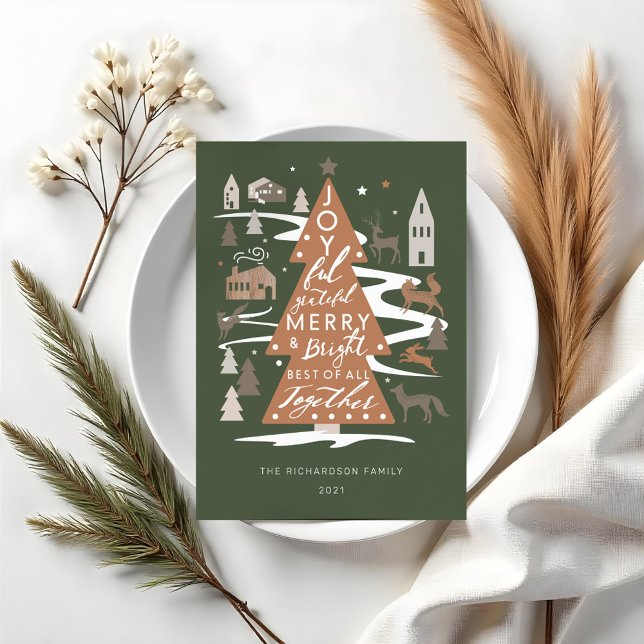 Christmas Tree Woodland Animals & Cozy Village Holiday Card (Simple Joy Woodland Animals & Cozy Village Photo Holiday Card)
