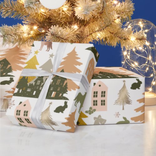 Christmas Tree Woodland Animals  Cozy Village Wrapping Paper