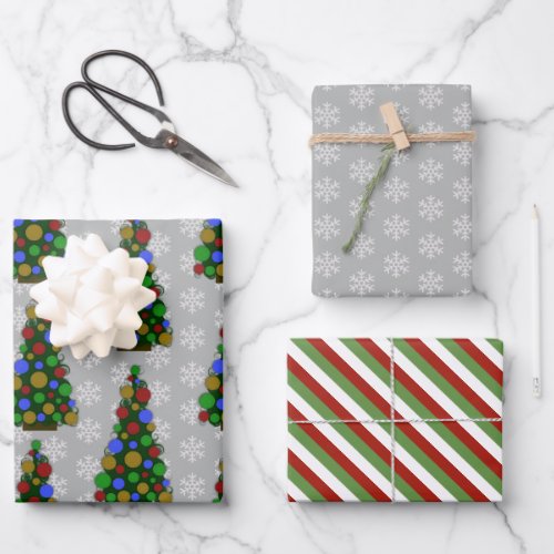Christmas Tree Wrapping Paper Flat Sheet Set of 3