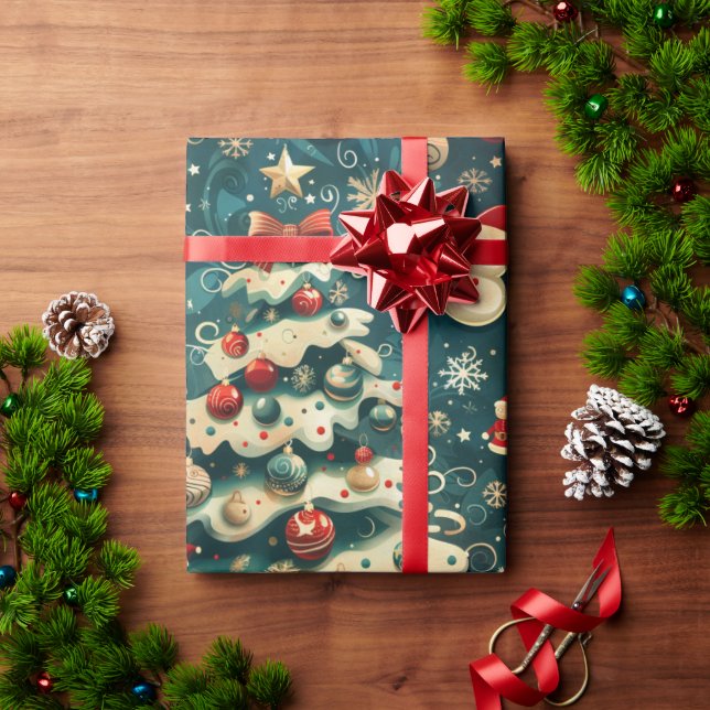 Christmas Tree Wrapping Paper Vintage Blue (Holiday Gift)
