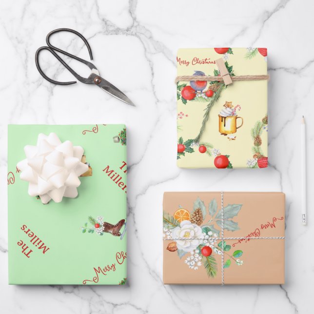 Christmas Tree Wreath Toys Family Named Gifts Wrapping Paper Sheets (Front)