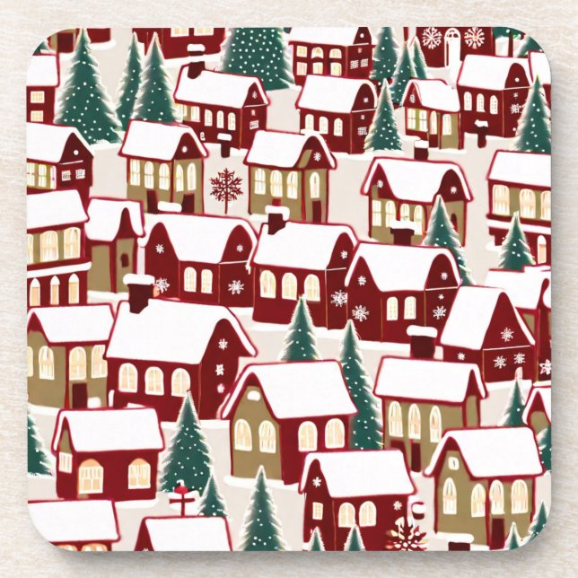 Christmas tree Xmas village snowing pic  Beverage Coaster (Front)