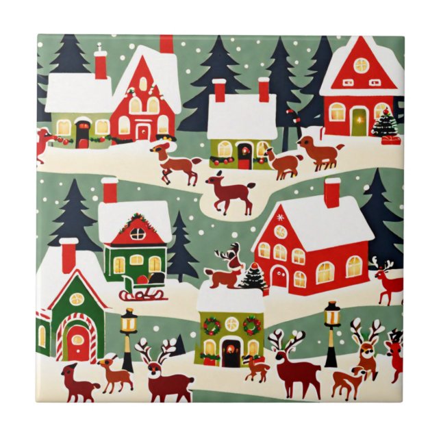 Christmas tree Xmas village snowing pic Ceramic Tile (Front)