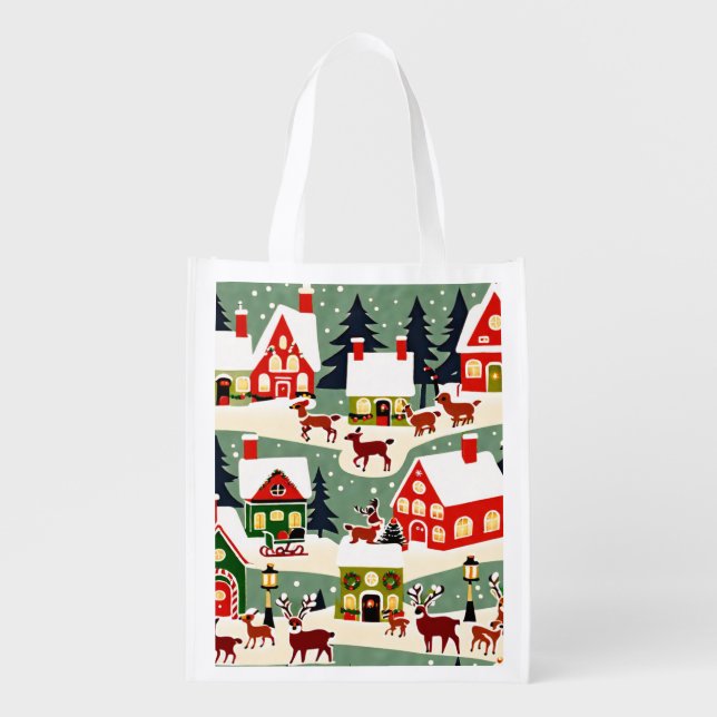 Christmas tree Xmas village snowing pic Grocery Bag (Front)
