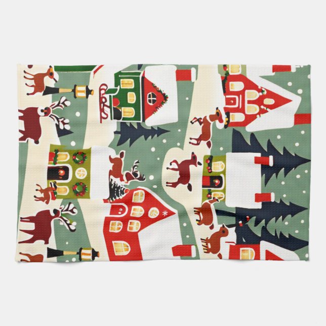 Christmas tree Xmas village snowing pic Kitchen Towel (Horizontal)