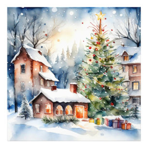Christmas tree Xmas village snowing pic Photo Print