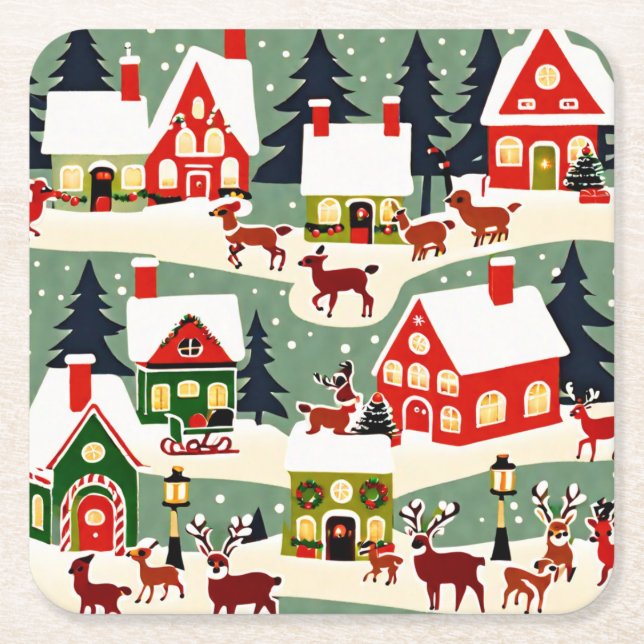 Christmas tree Xmas village snowing pic Square Paper Coaster (Front)