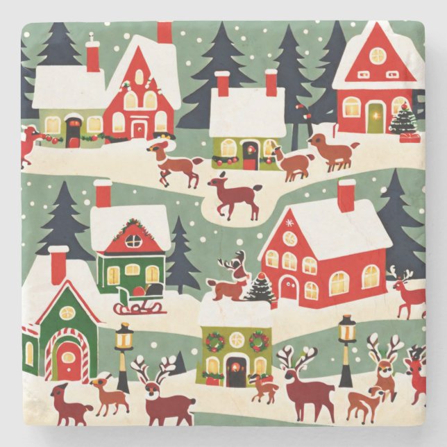 Christmas tree Xmas village snowing pic Stone Coaster (Front)