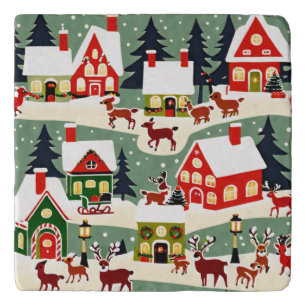 Christmas tree Xmas village snowing pic Trivet
