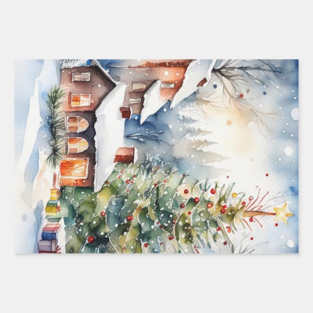 Christmas tree Xmas village snowing pic Wrapping Paper Sheets (Front)
