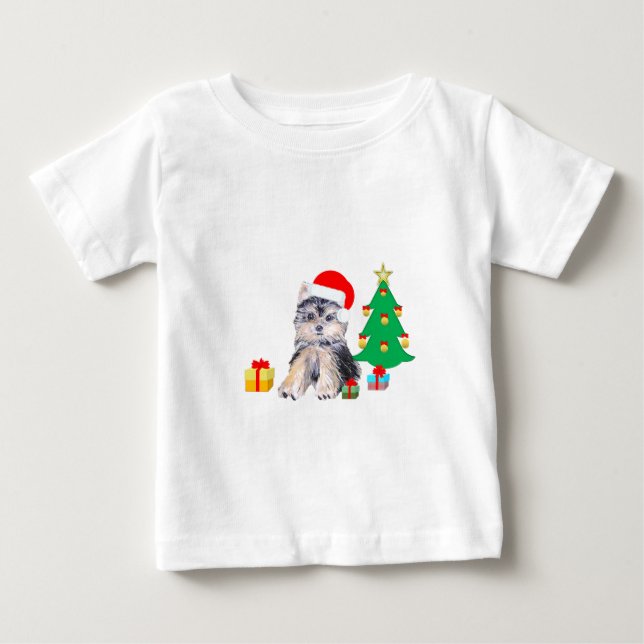 Christmas tree, Yorkshire puppy dog & gifts Baby T-Shirt (Front)