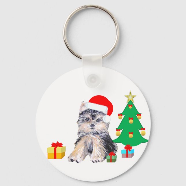 Christmas tree, Yorkshire puppy dog & gifts Keychain (Front)