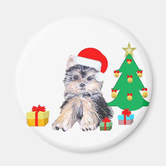 Christmas tree, Yorkshire puppy dog & gifts Magnet (Front)