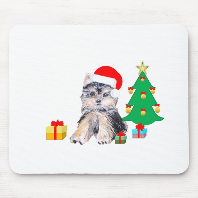 Christmas tree, Yorkshire puppy dog & gifts Mouse Pad (Front)