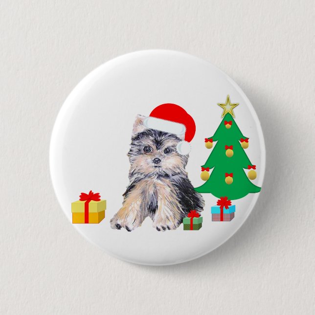 Christmas tree, Yorkshire puppy dog & gifts Pinback Button (Front)