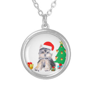 Christmas tree, Yorkshire puppy dog & gifts Silver Plated Necklace