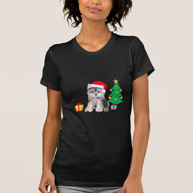 Christmas tree, Yorkshire puppy dog & gifts T-Shirt (Front)