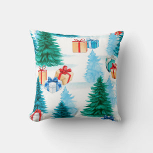 Christmas trees and Christmas gifts winter scene Throw Pillow