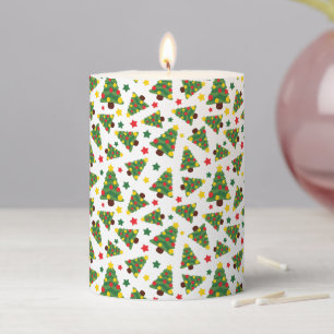 Christmas Trees and Colorful Stars Festive White Pillar Candle