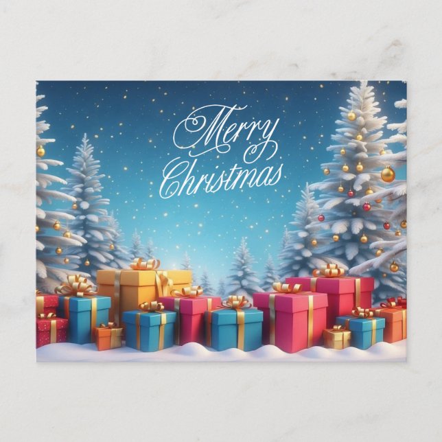 Christmas Trees and Gift Boxes Winter Landscape  Holiday Postcard (Front)