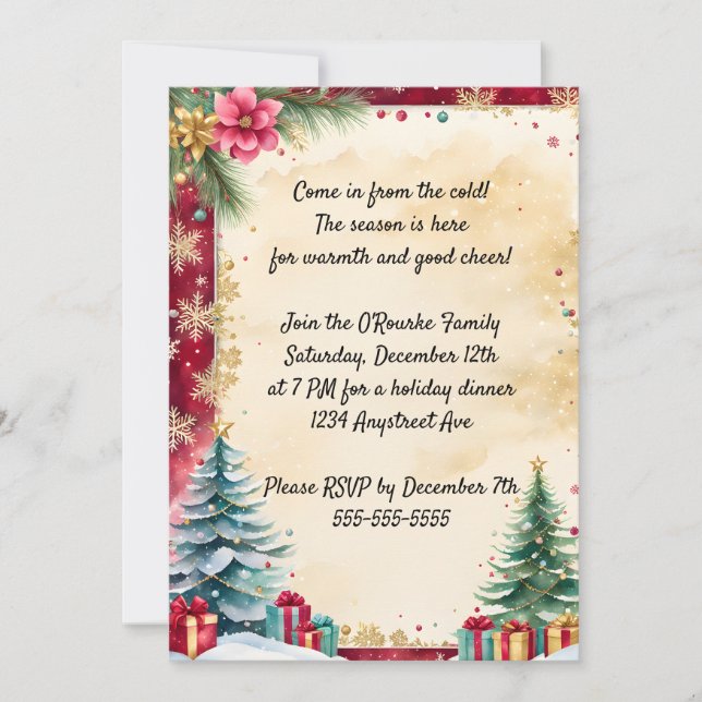 Christmas Trees and Golden Snowflakes Invitation (Front)
